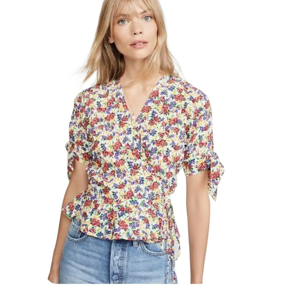 Faithful The Brand Lucy Wrap Top Women 6 Small Floral Short Sleeve Crop Coquette